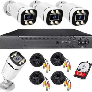 Home Security System 4Ch DVR Kits with 4pcs 1080P Waterproof Bullet Analog AHD TVI CVI Camera 3MP Lens Color Night Vision Outdoor Surveillance Wired CCTV Set (Include 500GB HDD) 24/7 Recording